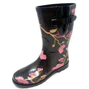 Women 11" Rubber Rain Boots, Pink Cherry Orchard Flower Print Water Boot Wellies